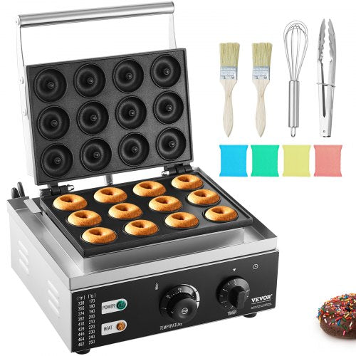 VEVOR Electric Donut Maker, 1550W Commercial Doughnut Machine with Non-stick Surface, 12 Hole Double-Sided Heating Waffle Machine Makes 12 Doughnuts,