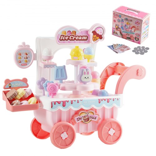 VEVOR Ice Cream Cart for Kids, 27 PCS Accessories, Pretend Play Store with Storage Trolley with Pretend Money, Sound & Light Effects, Montessori Educa