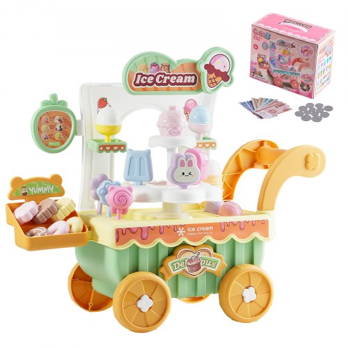 VEVOR Ice Cream Cart for Kids, 27 PCS Accessories, Pretend Play Store with Storage Trolley with Pretend Money, Sound & Light Effects, Montessori Educa