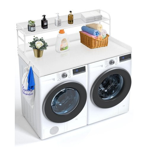 VEVOR Washer Dryer Countertop with 2-Tier Shelf, 54" x 27" Wooden Washer and Dryer Countertop with Anti-Slip Pads, Water-Resistant Laundry Topper Cove