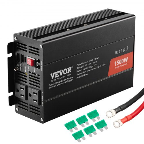 VEVOR Modified Sine Wave Inverter, 1500W, DC 12V to AC 120V Power Inverter with 2 AC Outlets 2 USB Port 1 Type-C Port 6 Spare Fuses, for Small Home De