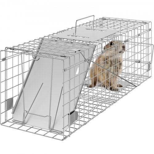 VEVOR Live Animal Cage Trap, 24" x 8" x 8" Humane Cat Trap Galvanized Iron, Folding Animal Trap with Handle for Rabbits, Stray Cats, Squirrels, Raccoo