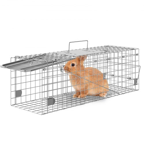 VEVOR Live Animal Cage Trap, 24" x 8" x 8" Humane Cat Trap Galvanized Iron, Folding Animal Trap with Handle for Rabbits, Stray Cats, Squirrels, Raccoo