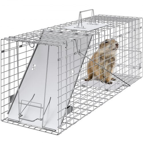 VEVOR Live Animal Cage Trap, 31" x 10" x 12" Humane Cat Trap Galvanized Iron, Folding Animal Trap with Handle for Rabbits, Stray Cats, Squirrels, Racc