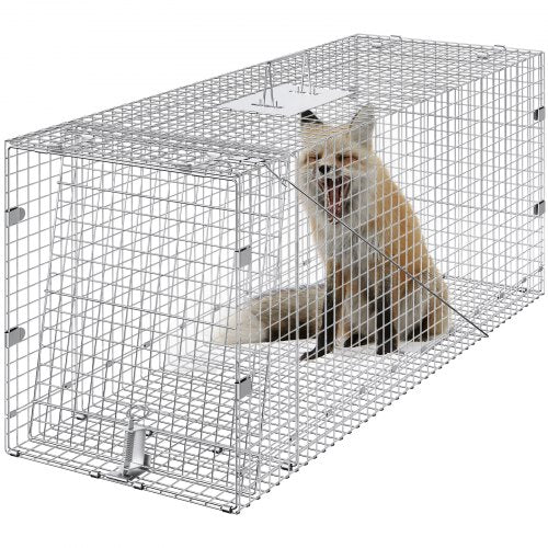 VEVOR Live Animal Cage Trap, 50" x 20" x 26" Humane Cat Trap Galvanized Iron, Folding Animal Trap with Handle for Stray Dogs, Armadillos, Raccoons, Ma