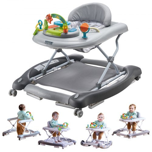 VEVOR 4-in-1 Baby Walker, Foldable Baby Activity Center on Wheels, 3 Adjustable Height, Music & Toys Tray, Learning-Seated | Walk-Behind | Rocker | Bo