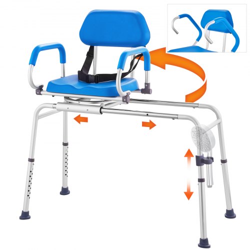 VEVOR Sliding Tub Transfer Bench with 360 Degree Swivel Seat, Sliding Shower Chair with Pivoting Armrest & Padded Seat and Safety Belt, Height Adjusta