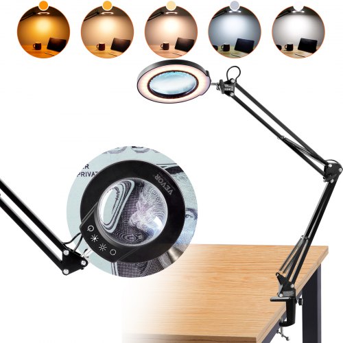 VEVOR Magnifying Glass with Light and Stand, 5X Magnifying Lamp, 4.3" Glass Lens, Desk Magnifier with Light, 64 LED Lights 5 Color Modes, with Clamp f