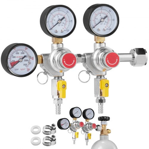 VEVOR Triple Gauge Regulator, CO2 Regulator Gauge with 0-60PSI, Heavy Duty CO2 Gauge Gas System, Draft Beer Regulator with Check Valve, Adjustable Pre