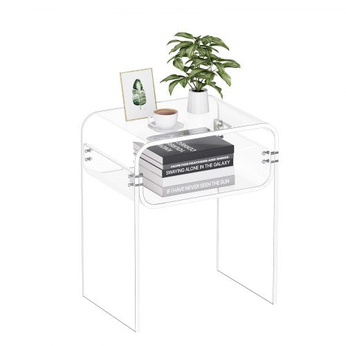 VEVOR Acrylic Side Table, 2 Tiers Clear Bedside Table with Storage Shelf, Modern Rectangle Acrylic End Desk, Transparent Thick Nightstand for Bedroom,