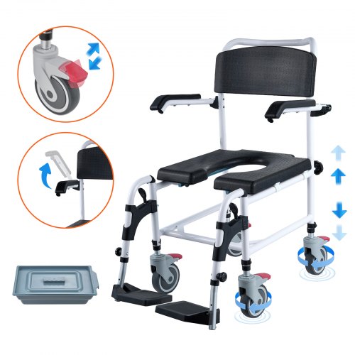 VEVOR Shower Commode Wheelchair with 4 Lockable Wheels, Footrests, Flip-up Arms, 3-Level Adjustable Height, 5L Removable Bucket, 350 LBS Capacity, Com