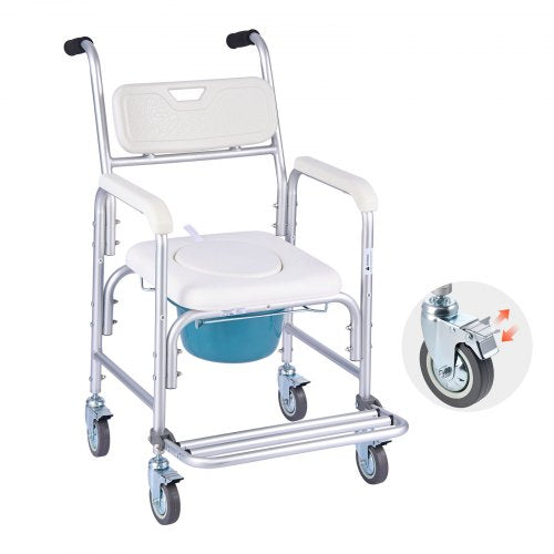 VEVOR Bedside Commode Chair with Wheels, 159 kg Capacity, 4-in-1 Portable Toilet and Raised Toilet Seat with Padded Seat-Backrest-Flip-up Footrest, De