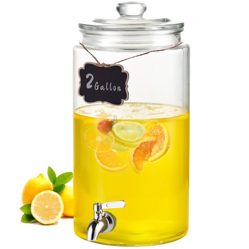 VEVOR Beverage Dispenser, 2 Gallon Drink Dispensers for Parties, Glass Juice Dispenser with Stainless Steel Spigot, Iced Tea Lemonade Juice Water Disp