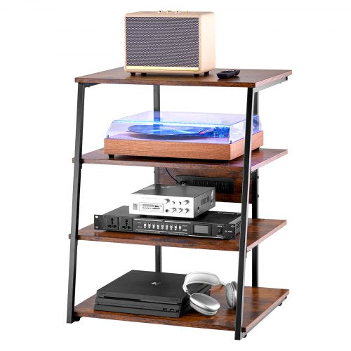 VEVOR 4-Tier AV Media Stand with Power Strips, Corner TV Stand with LED Lights, Height Adjustable Wooden Shelves for DVD Players-Cable Boxes-Games Con