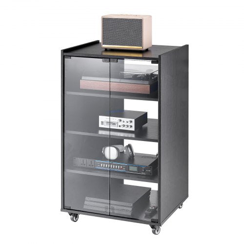 VEVOR 5-Tier AV Media Stand with Wheels, Wooden Audio-Video Media Stand for DVD Players-Cable Boxes-Games Consoles, Height-Adjustable Media Storage Ca