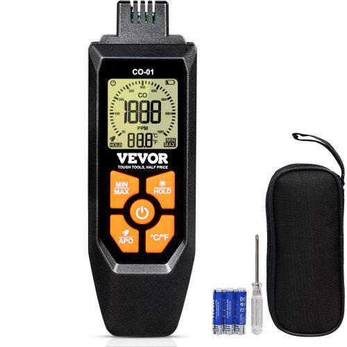VEVOR CO Gas Monitor, 0-1000PPM Range, Features Sound & Light Warning, Handheld Carbon Monoxide Meter with Temp Sensing, Digital Display with Backligh