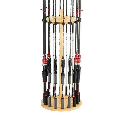 VEVOR Fishing Rod Holders for 16 Fishing Poles, Wood Round Fishing Rods Rack for Garage Organization and Storage, Floor Stand Space-Saving Equipment,