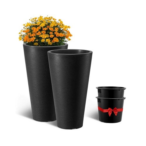 VEVOR Set of 2 Tall Planter For Outdoor Indoor Plants 24inch, Black Round Large Planters For Front Porch, Patio, Tall Taper Flower Tree Plant Pots wit