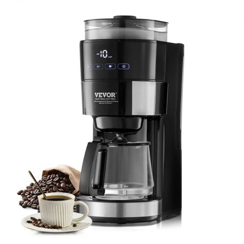 VEVOR Coffee Maker with Grinder, 10 Cup Coffee Machine, Grind and Brew Coffee Maker with 3 Brew Strength Control, Drip Coffee Maker with Adjustable Gr