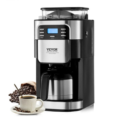 VEVOR Coffee Maker with Grinder, 8 Cup Coffee Machine, Grind and Brew Coffee Maker with 3 Brew Strength Control, 24-Hour Timer for Auto Brew, for Home