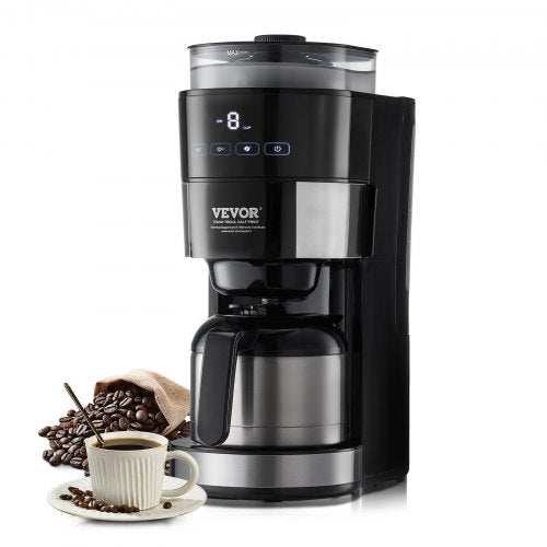 VEVOR Coffee Maker with Grinder, 8 Cup Programmable Coffee Machine, Grind and Brew Coffee Maker with 24-Hour Timer for Auto Brew, Reusable Filter, for