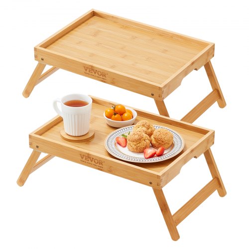 VEVOR 2-Pack Bed Tray Table with Foldable Legs, Bamboo Breakfast Tray for Sofa, Bed, Eating, Snacking, and Working, Folding Serving Laptop Desk Tray, 