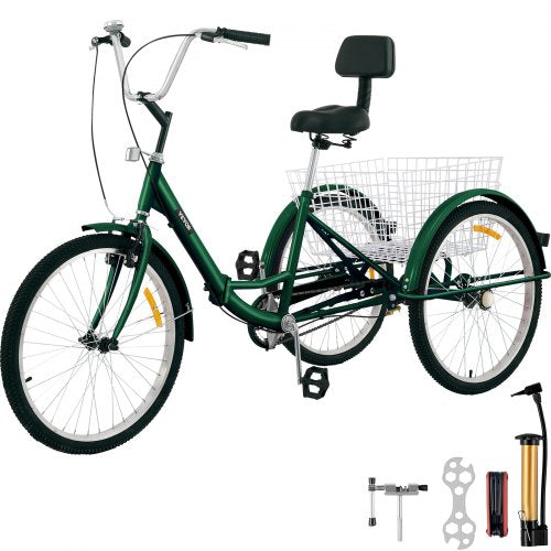 VEVOR Foldable Tricycle 24’’ Wheels, 1-Speed Green Trike, 3 Wheels Colorful Bike With Basket, Portable And Foldable Bicycle for Adults Exercise Shoppi