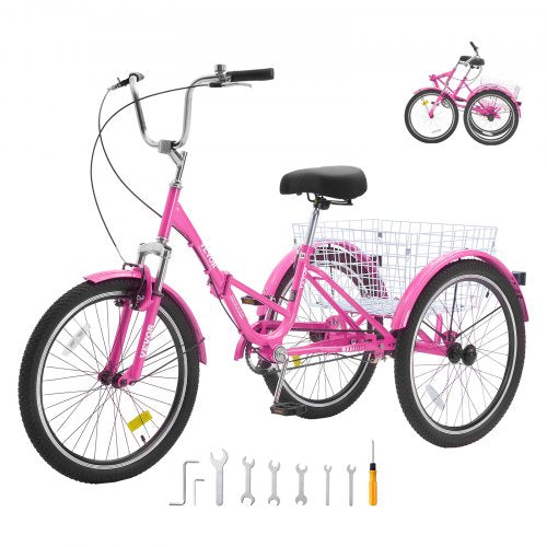 VEVOR Folding Adult Tricycle, 26-Inch Adult Folding Trikes, Carbon Steel 3 Wheel Cruiser Bike with Large Basket & Adjustable Seat, Shopping Picnic Fol
