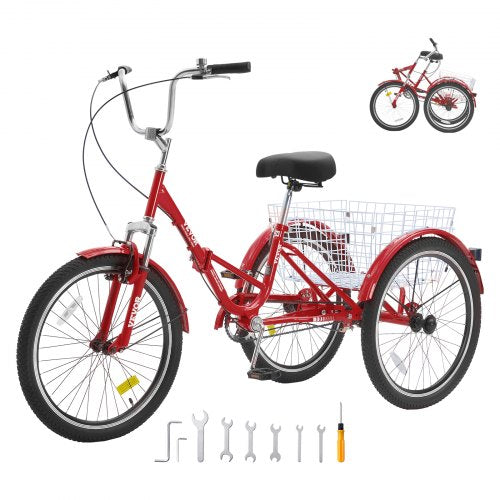 VEVOR Folding Adult Tricycle, 24-Inch Adult Folding Trikes, Carbon Steel 3 Wheel Cruiser Bike with Large Basket & Adjustable Seat, Shopping Picnic Fol