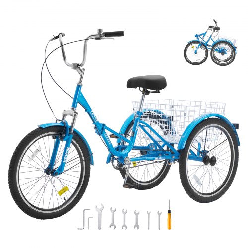 VEVOR Folding Adult Tricycle, 26-Inch Adult Folding Trikes, Carbon Steel 3 Wheel Cruiser Bike with Large Basket & Adjustable Seat, Shopping Picnic Fol