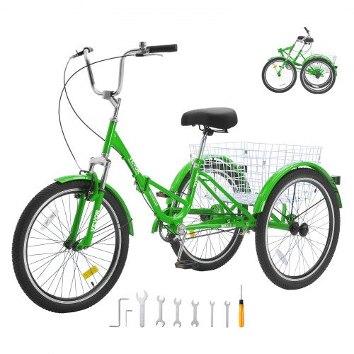 VEVOR Folding Adult Tricycle, 24-Inch Adult Folding Trikes, Carbon Steel 3 Wheel Cruiser Bike with Large Basket & Adjustable Seat, Shopping Picnic Fol
