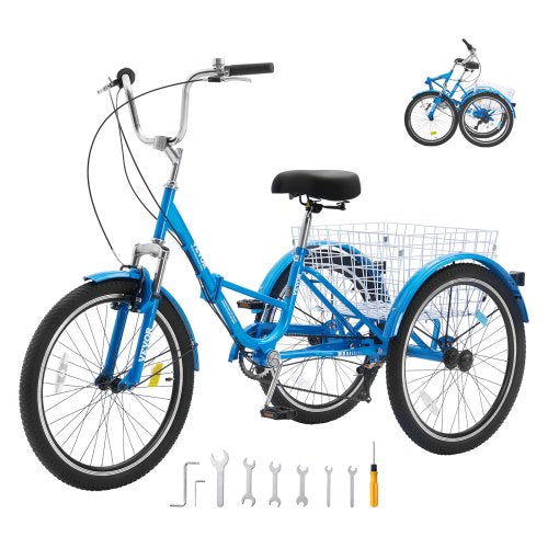 VEVOR Folding Adult Tricycle, 24-Inch 7-Speed Adult Folding Trikes, Carbon Steel 3 Wheel Cruiser Bike with Basket & Adjustable Seat, Shopping Picnic F