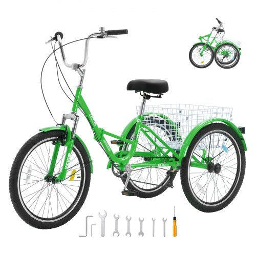 VEVOR Folding Adult Tricycle, 26-Inch 7-Speed Adult Folding Trikes, Carbon Steel 3 Wheel Cruiser Bike with Basket & Adjustable Seat, Shopping Picnic F