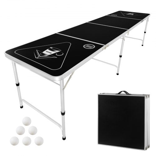 VEVOR 8 Foot Portable Beer Pong Table, Foldable Tailgate Table,Carrying Handles and 6 Pong Balls, Adjustable Height, Lightweight Table for Office, Tai