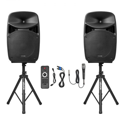 VEVOR Portable PA System, 2000W (PMPO) Powered, Sound System Set with 3 Channel Mixer, Dual Speakers, Wireless Bluetooth, Microphone, Compact Stands,