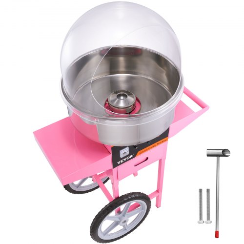 VEVOR Electric Cotton Candy Machine Cart with Bubble Cover Shield, 1000W Commercial Floss Maker with Stainless Steel Bowl, Sugar Scoop and Drawer, Per