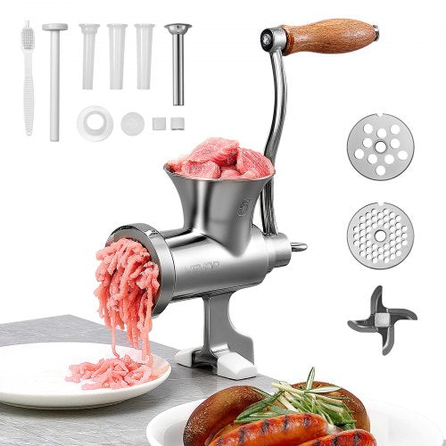 VEVOR Manual Meat Grinder, 304 Stainless Steel Hand Crank Meat Mincer with Steel Table Clamp, Sausage Stuffer with 2 Cutting Plates & 4 Sausage Tubes,