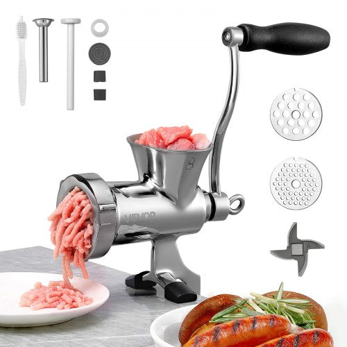 VEVOR Manual Meat Grinder, 304 Stainless Steel Hand Crank Meat Mincer with Steel Table Clamp, Sausage Stuffer with 2 Cutting Plates & Sausage Tube, Fo