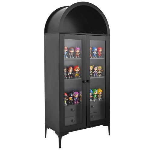 VEVOR Arched Display Cabinet with Glass Doors, 70 in Tall Curio Cabinet, 4-Tier Display Case with 2 Adjustable Shelves, Bookcase Bookshelf for Collect