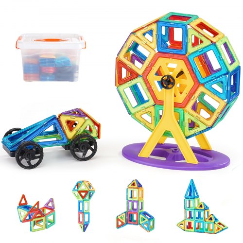 VEVOR Magnetic Tiles, 123 PCS Magnetic Building Blocks for Kids, Magnet Building Set with Wheel Groups & Ferris Wheel, STEM Educational Construction S
