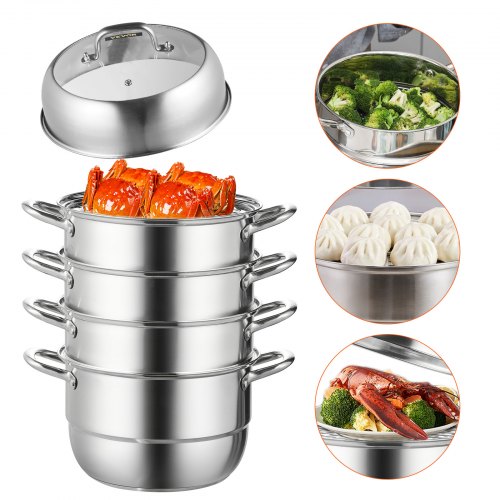 VEVOR 5-Tier Stainless Steel Steamer, 11'' Multi-Layer Cookware Pot with Handles on Both Sides, Work with Gas, Electric, Grill Stove Top, Dia-28cm, Sl