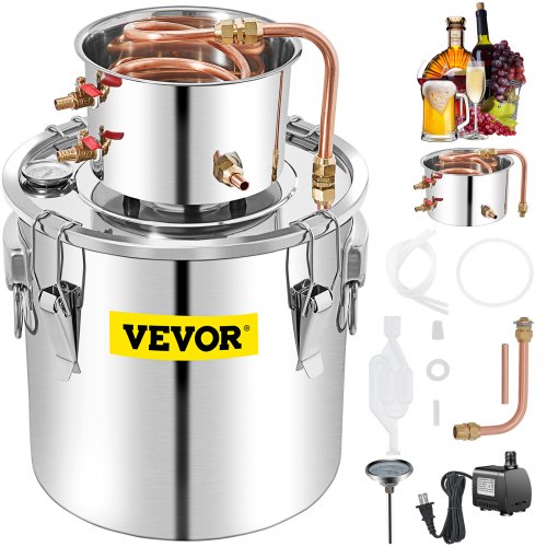 VEVOR Alcohol Still 13.2Gal-50L, Alcohol Distiller with Circulating Pump, Alcohol Still Copper Tube, Whiskey Distilling Kit with Build-In Thermometer,