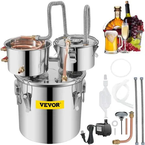 VEVOR Moonshine Still Distiller 3Gal 12L Stainless Steel Water Distiller Copper Tube with Circulating Pump Home Brewing Kit Build-in Thermometer for D Matron Inn