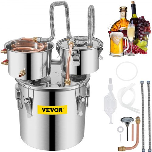 VEVOR Moonshine Still Distiller 3Gal 12L Stainless Steel Water Distiller Copper Tube with Circulating Pump Home Brewing Kit Build-in Thermometer for D