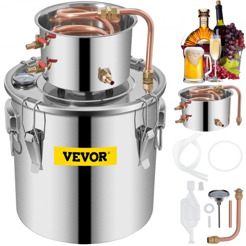 VEVOR Moonshine Still Distiller 3Gal 12L Stainless Steel Water Distiller Copper Tube Home Brewing Kit Build-in Thermometer for DIY Whisky Wine Brandy