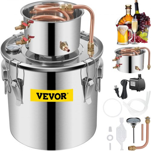 VEVOR Moonshine Still 5 Gal 21L, Distillery Kit with Circulating Pump, Alcohol Still Copper Tube, Whiskey Distilling Kit with Build-In Thermometer, Wh