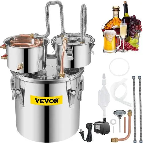 VEVOR Alcohol Still, 5 Gallon, Stainless Steel Alcohol Distiller with Copper Tube & Build-in Thermometer & Water Pump, Double Thumper Keg Home Brewing Matron Inn