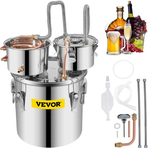 VEVOR Alcohol Still, 5 Gallon, Stainless Steel Alcohol Distiller with Copper Tube & Build-in Thermometer & Water Pump, Double Thumper Keg Home Brewing