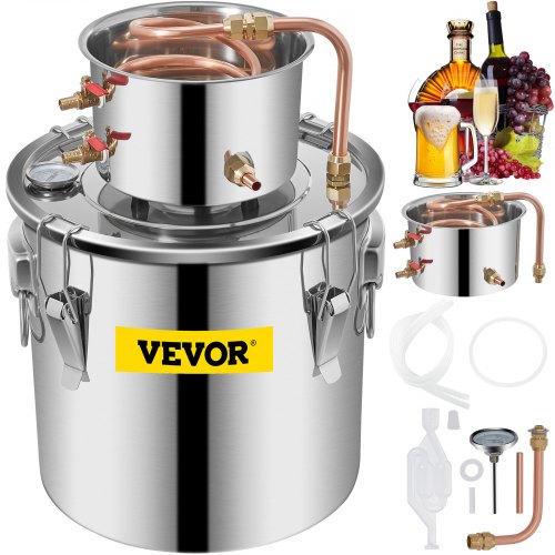 VEVOR Moonshine Still Distiller 5Gal 21L Stainless Steel Water Distiller Copper Tube Home Brewing Kit Build-in Thermometer for DIY Whisky Wine Brandy 