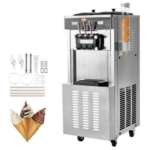 VEVOR Commercial Ice Cream Machine, 34-44 L-H Yield, 3400W 3-Flavor Freestanding Soft Serve Ice Cream Maker, 2 x 9L Stainless Steel Hopper, LED Panel